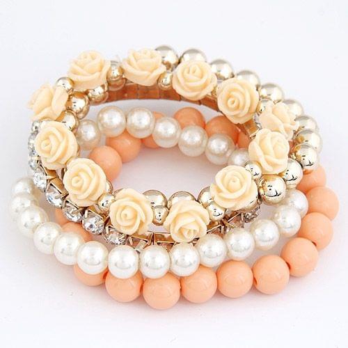 Bohemian Fashion Candy Color Pearl Rose Flower Multilayer Beads Stretch Charm Bracelet(rose)