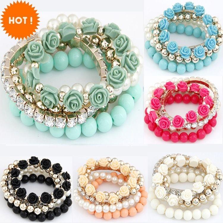 Bohemian Fashion Candy Color Pearl Rose Flower Multilayer Beads Stretch Charm Bracelet(rose)