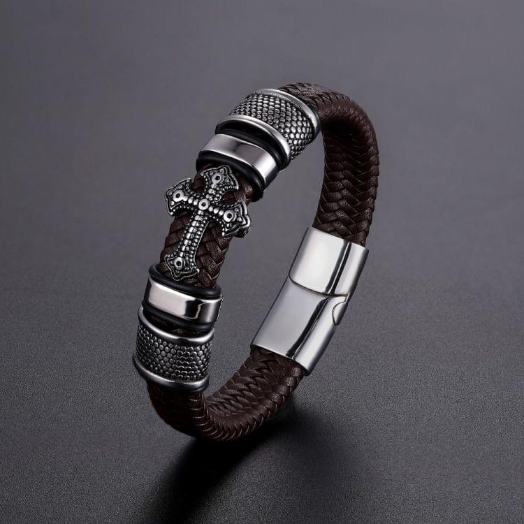 Multi-layer Handmade Leather Chain Weaved Man Stainless Steel Wristband Bracelets, Length:22cm(Black)