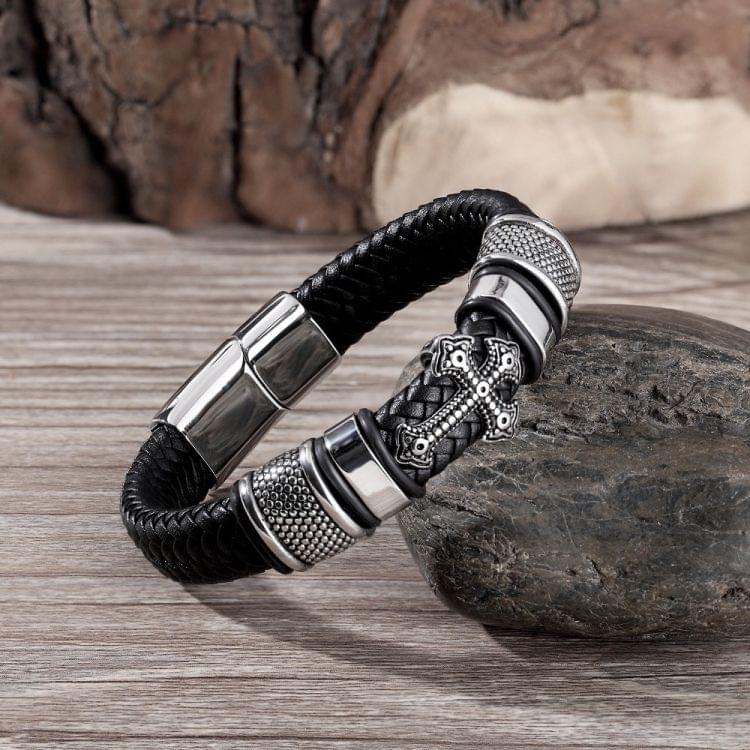 Multi-layer Handmade Leather Chain Weaved Man Stainless Steel Wristband Bracelets, Length:22cm(Black)