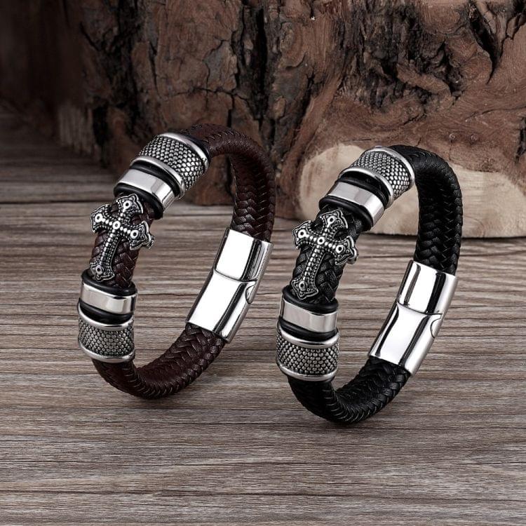 Multi-layer Handmade Leather Chain Weaved Man Stainless Steel Wristband Bracelets, Length:22cm(Black)