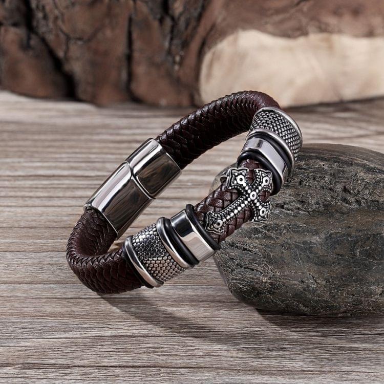 Multi-layer Handmade Leather Chain Weaved Man Stainless Steel Wristband Bracelets, Length:22cm(Black)