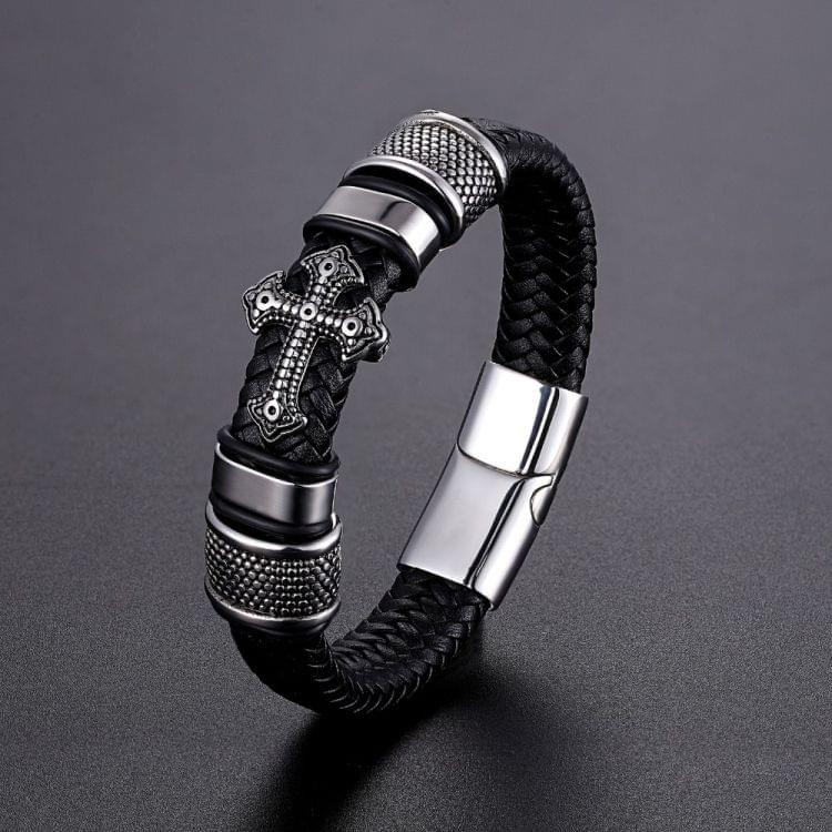 Multi-layer Handmade Leather Chain Weaved Man Stainless Steel Wristband Bracelets, Length:22cm(Black)