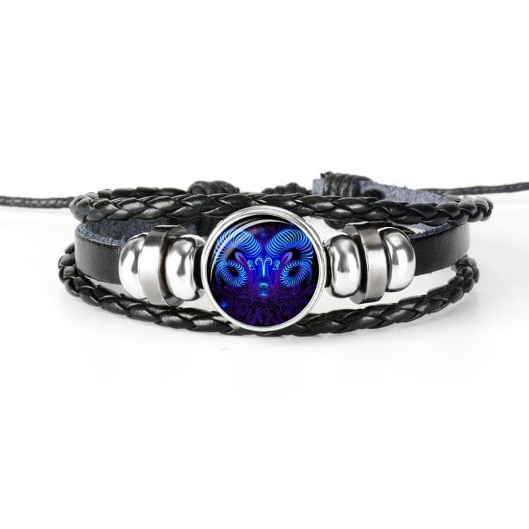 12 Constellation Black Braided Leather Glass Dome Punk Men Bracelet(Cancer)