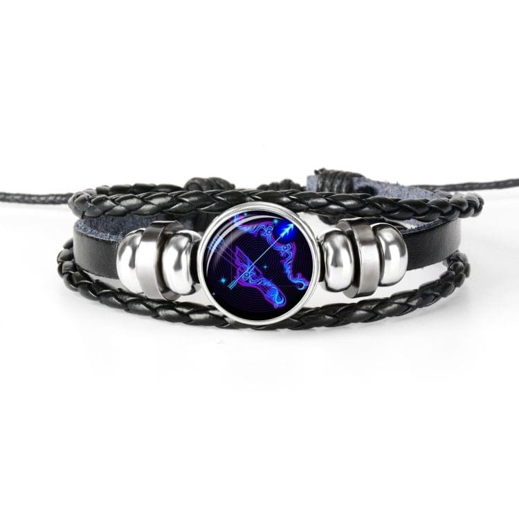 12 Constellation Black Braided Leather Glass Dome Punk Men Bracelet(Cancer)