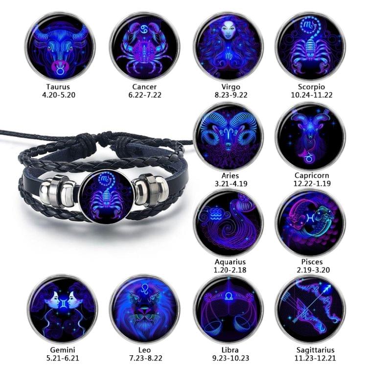 12 Constellation Black Braided Leather Glass Dome Punk Men Bracelet(Cancer)