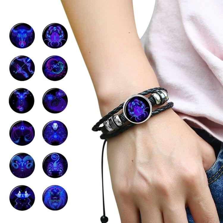 12 Constellation Black Braided Leather Glass Dome Punk Men Bracelet(Cancer)