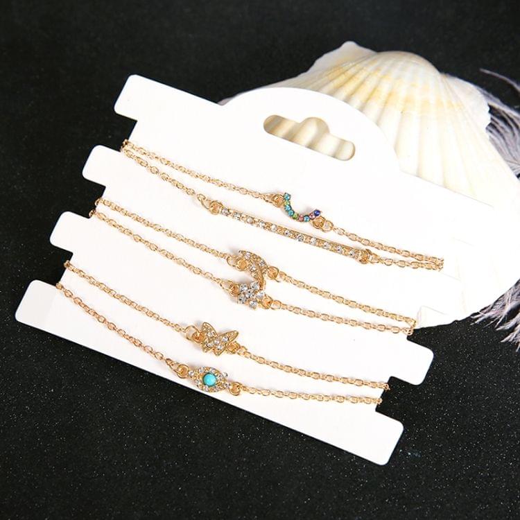 6 PCS/Set Punk Butterfly Eye Star Moon Leaves Crystal Gem Shiny Gold Multilayer Chain Bracelet(Gold)