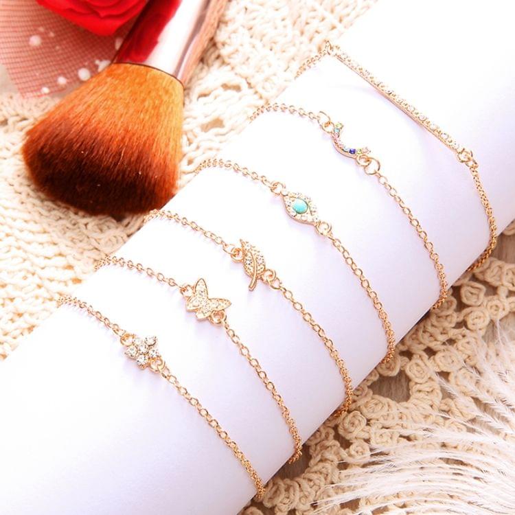 6 PCS/Set Punk Butterfly Eye Star Moon Leaves Crystal Gem Shiny Gold Multilayer Chain Bracelet(Gold)