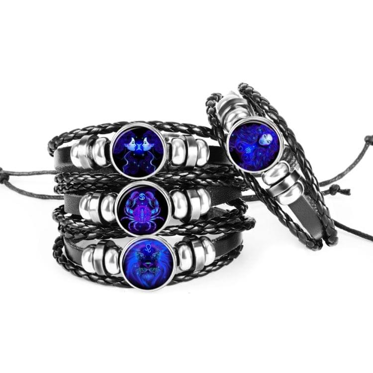 12 Constellation Black Braided Leather Glass Dome Punk Men Bracelet(Libra)