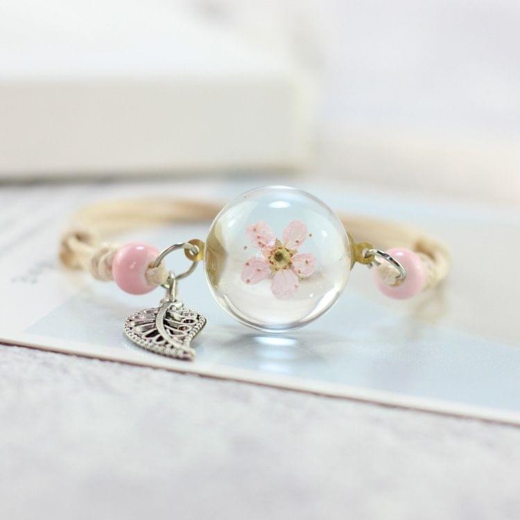 3 PCS Glass Bracelet Weave Lucky Flower Bracelets Handmade Dandelion Woven Dried Flowers Glass Beads Bracelet(Small pink)