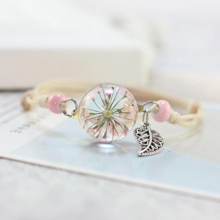 3 PCS Glass Bracelet Weave Lucky Flower Bracelets Handmade Dandelion Woven Dried Flowers Glass Beads Bracelet(Small pink)