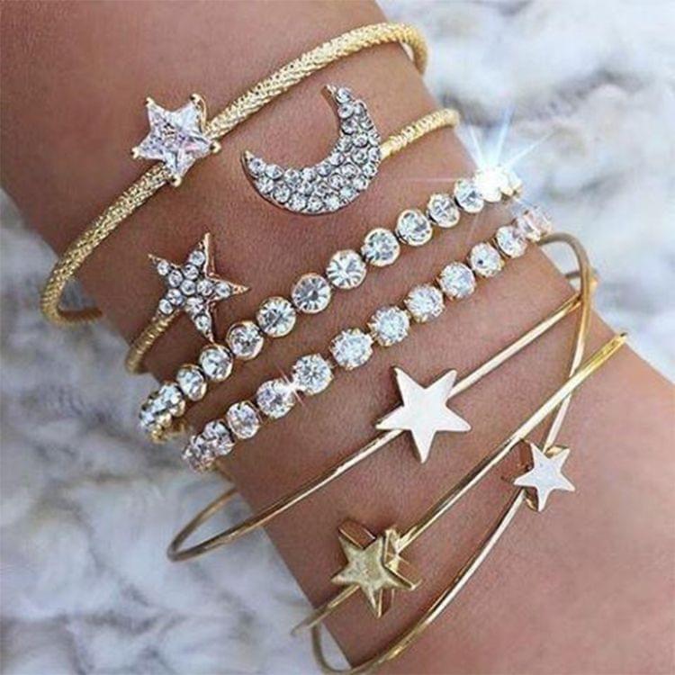 4 PCS/Set Punk Retro Charm Simple Moon Star Heart Crystal Elasticity Bracelet(Silver)