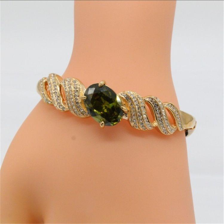 Gold-Plated Wavy Inlaid Zircon Inlay Green Crystal Buckle Bracelet