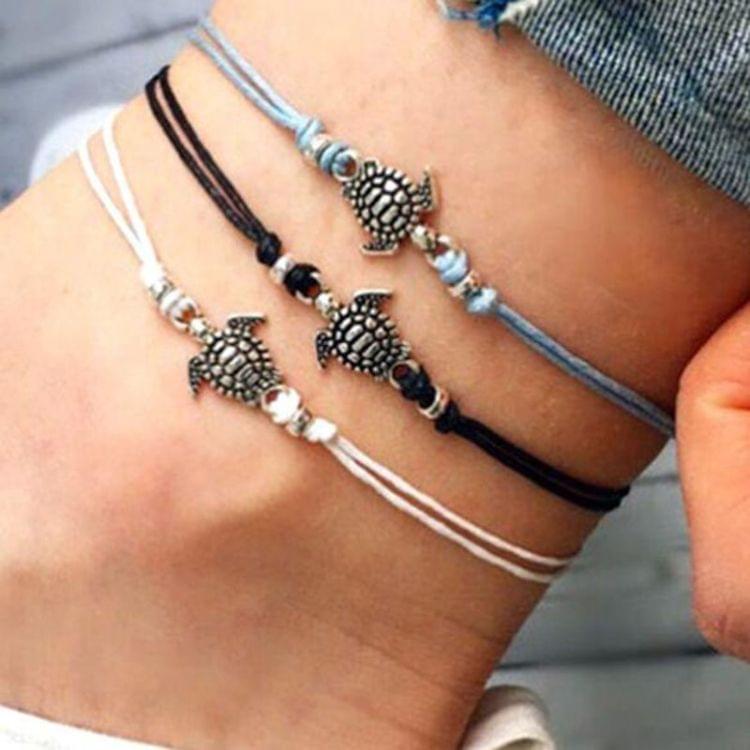 Boho Anklet Wax String Sea Turtle Lacing Foot Jewelry Beads Bracelet for Women(white)