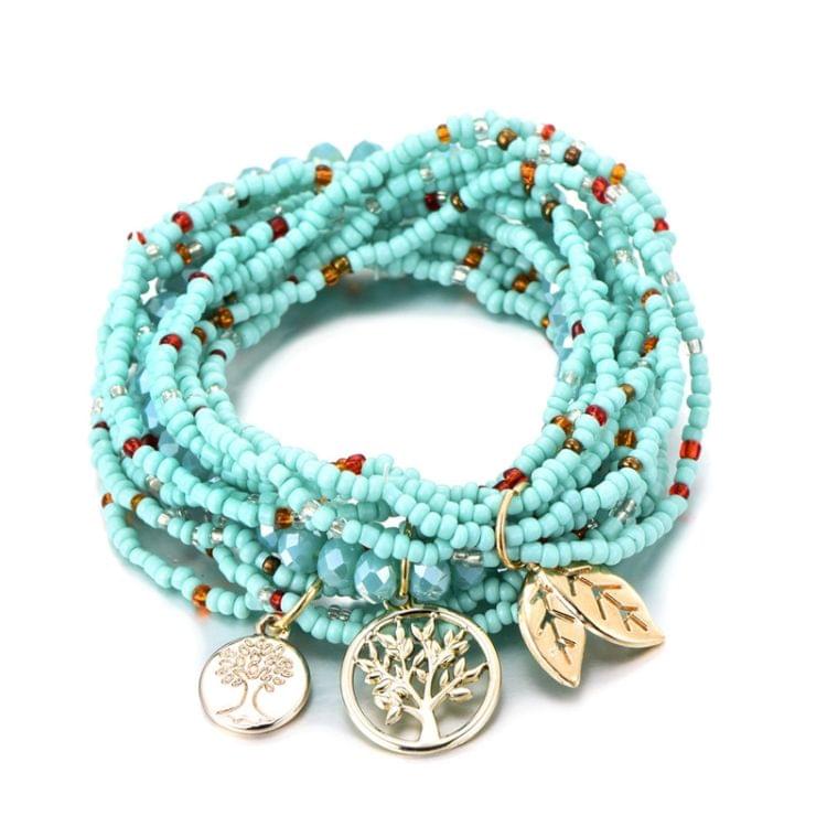 Bohemian Style Life of Tree Leaves Charm Beads Bracelets Women Multilayer Crystal Seed Bead Bracelet(Green)