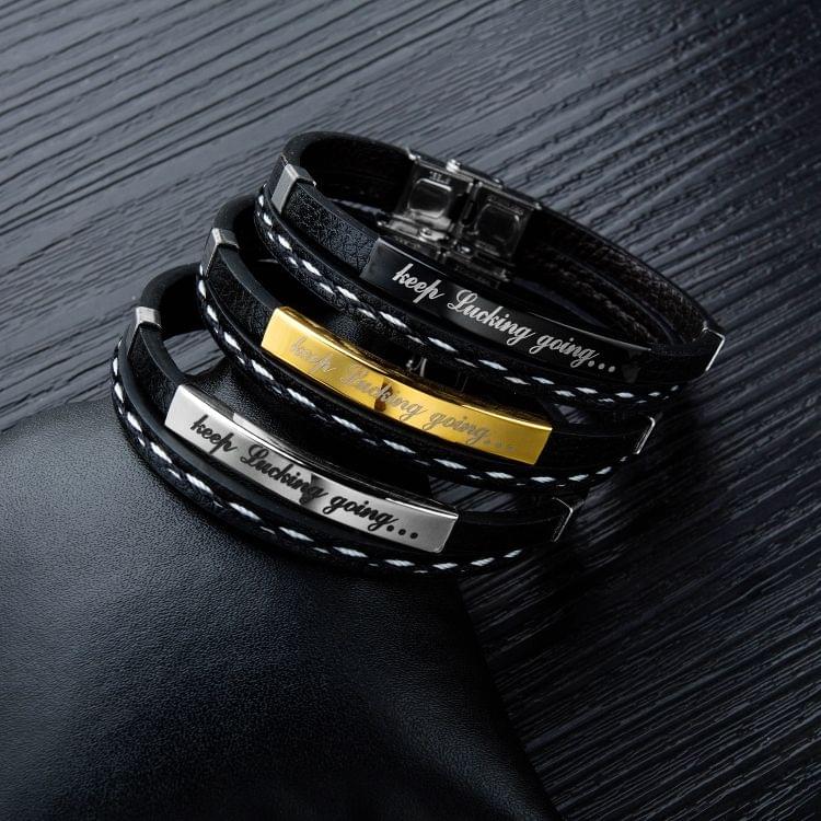 OPK Inspirational Titanium Steel Leather Bracelet for Men (Black)