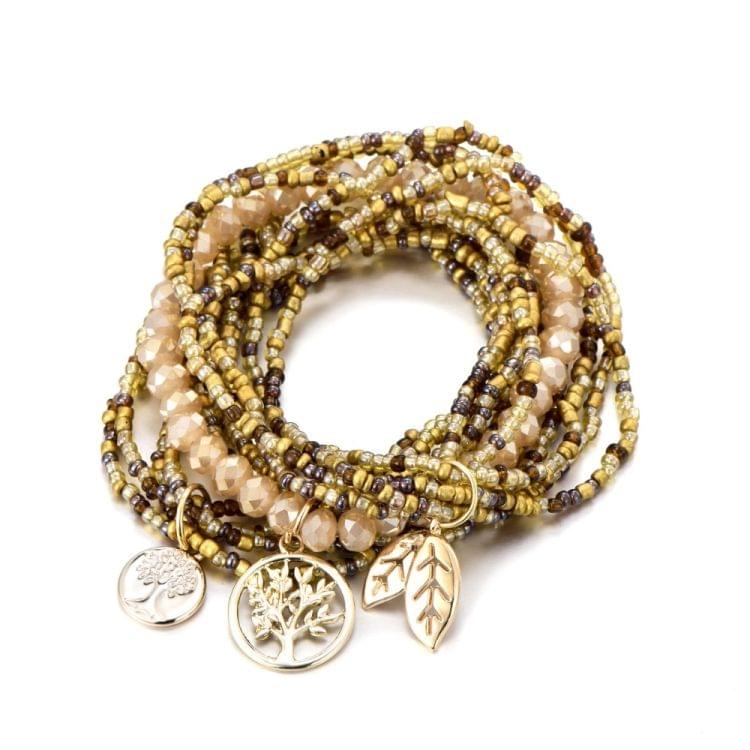 Bohemian Style Life of Tree Leaves Charm Beads Bracelets Women Multilayer Crystal Seed Bead Bracelet(Red)