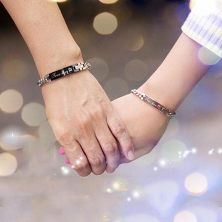 Valentines Day Gift Creative Trendy Titanium Steel Couple Bracelet for Men, Engraved Words Style (Gold + Red)