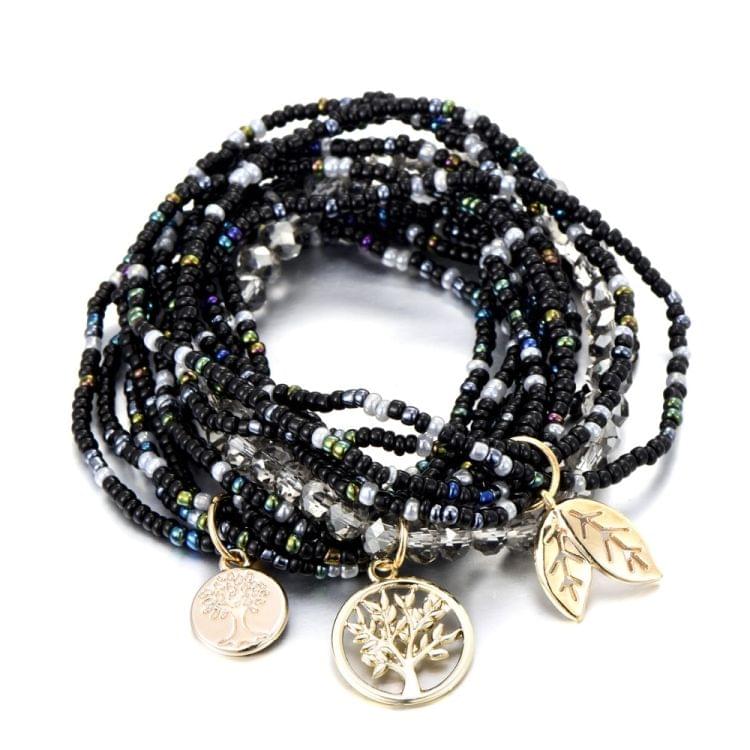 Bohemian Style Life of Tree Leaves Charm Beads Bracelets Women Multilayer Crystal Seed Bead Bracelet(Black)