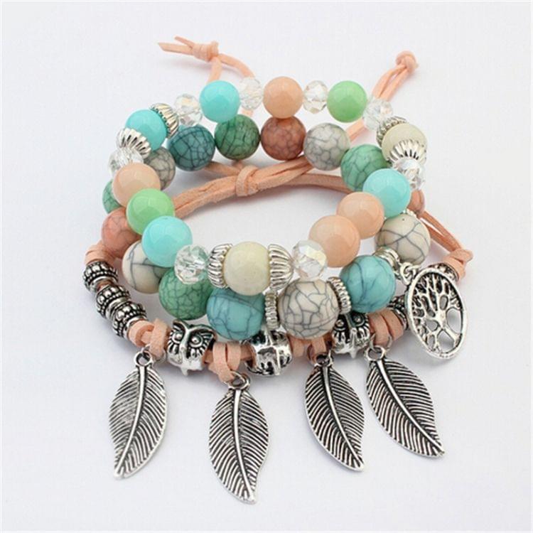 Vintage Ethnic Elasticity Marble Beads Bracelet Boho Leaves Bangle Bracelet(White)