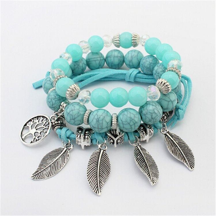 Vintage Ethnic Elasticity Marble Beads Bracelet Boho Leaves Bangle Bracelet(White)