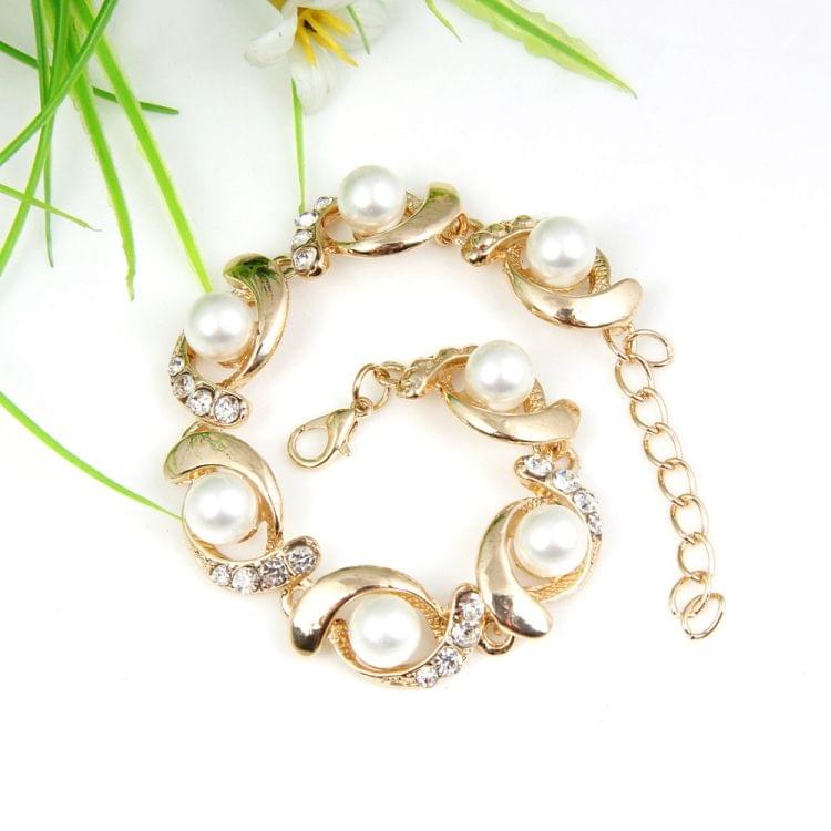 Women Fashion Trendy Pearl Chain Crystal Bracelet(gold)