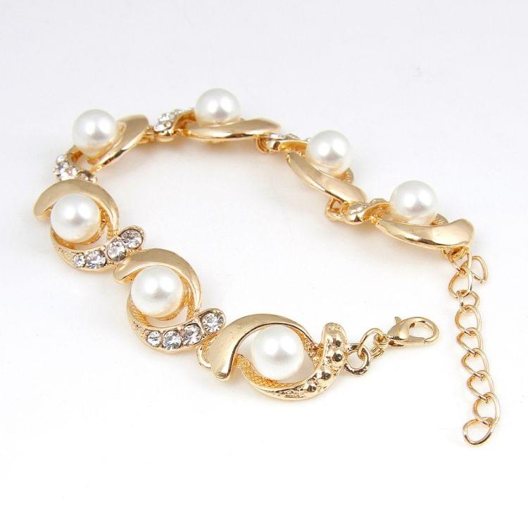 Women Fashion Trendy Pearl Chain Crystal Bracelet(gold)