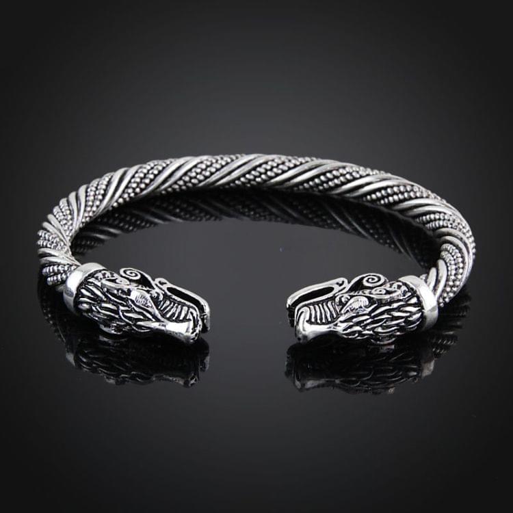 Men Wristband Cuff Wolf Head Viking Bracelet Jewelry Fashion Accessories(Antique Silver Plated)