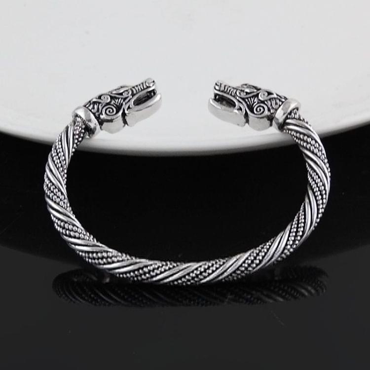 Men Wristband Cuff Wolf Head Viking Bracelet Jewelry Fashion Accessories(Antique Silver Plated)