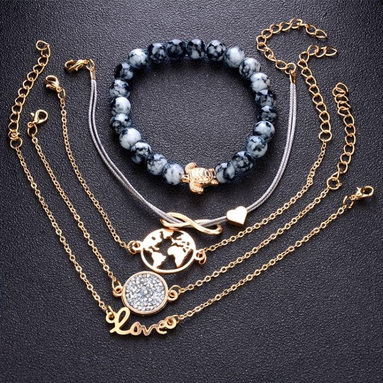 5 PCS/Set Love Crystal Beads Chain Multilayer Pendant Gold Bracelet(Gold)