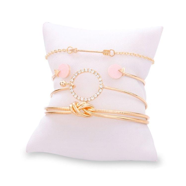 4 in 1 Classic Arrow Knot Round Crystal Gem Multilayer Adjustable Open Bracelet(Gold)