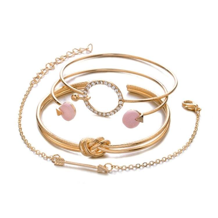 4 in 1 Classic Arrow Knot Round Crystal Gem Multilayer Adjustable Open Bracelet(Gold)