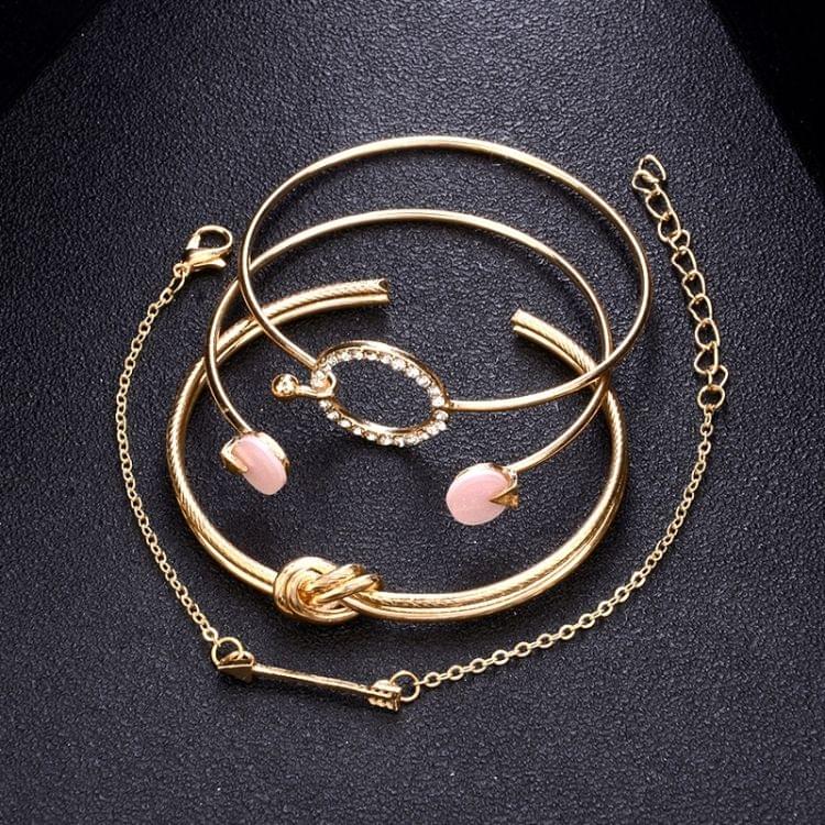 4 in 1 Classic Arrow Knot Round Crystal Gem Multilayer Adjustable Open Bracelet(Gold)