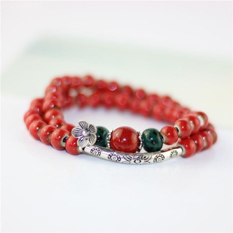 Flower Ceramic Beads Double Natural Stone Charm Handmade Bracelets(Red Color)