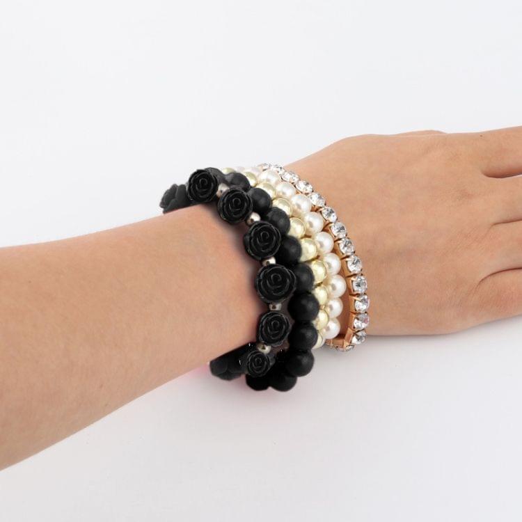 Fashion Candy Color Rose Flower Multi-layer Beads Stretch Charm Bracelet Bangle(Black)