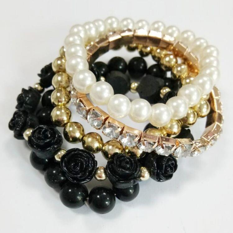 Fashion Candy Color Rose Flower Multi-layer Beads Stretch Charm Bracelet Bangle(Black)