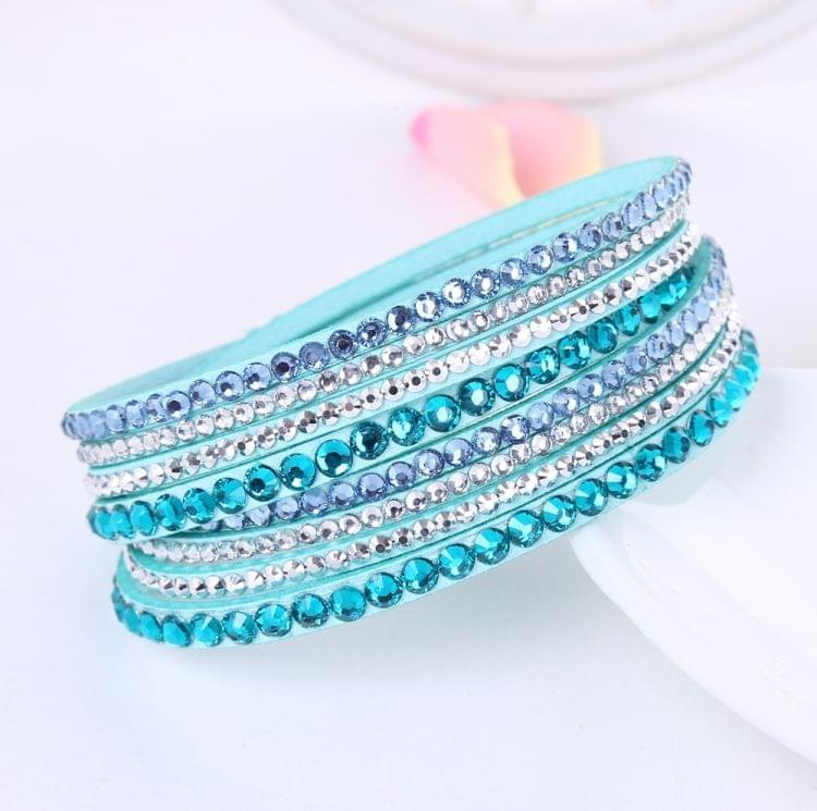 Women Multilayer Leather Rhinestone Crystal Wrap Bracelets(Green)