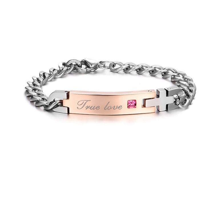 Valentines Day Gift Creative Trendy Titanium Steel Couple Bracelet for Woman, Engraved Words Style (Gold + Red)