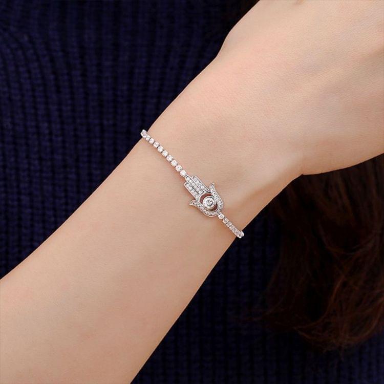 Valentines Day Gift Hamsa Hand Crystal Inlaid Hand Chain Bracelet, Chain Length: 25cm(Silver)