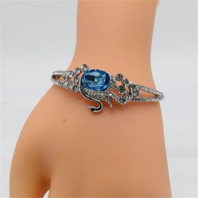 Silver Plated Zircon Inset Egg Shaped Blue Crystal Swan Buckle Bracelet