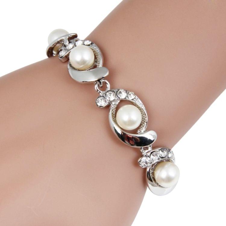 Women Fashion Trendy Pearl Chain Crystal Bracelet(silver)