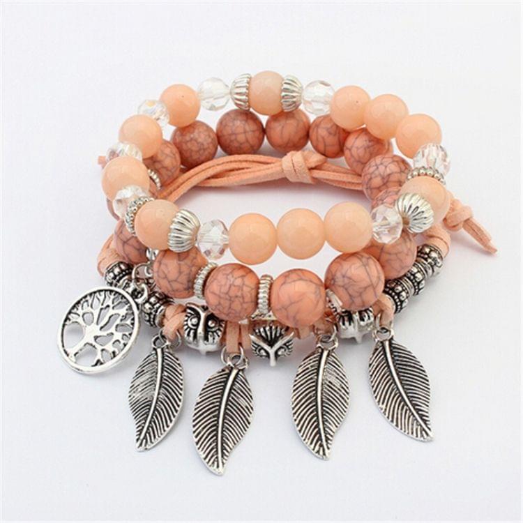 Vintage Ethnic Elasticity Marble Beads Bracelet Boho Leaves Bangle Bracelet(Blue)