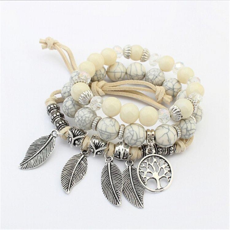Vintage Ethnic Elasticity Marble Beads Bracelet Boho Leaves Bangle Bracelet(Blue)