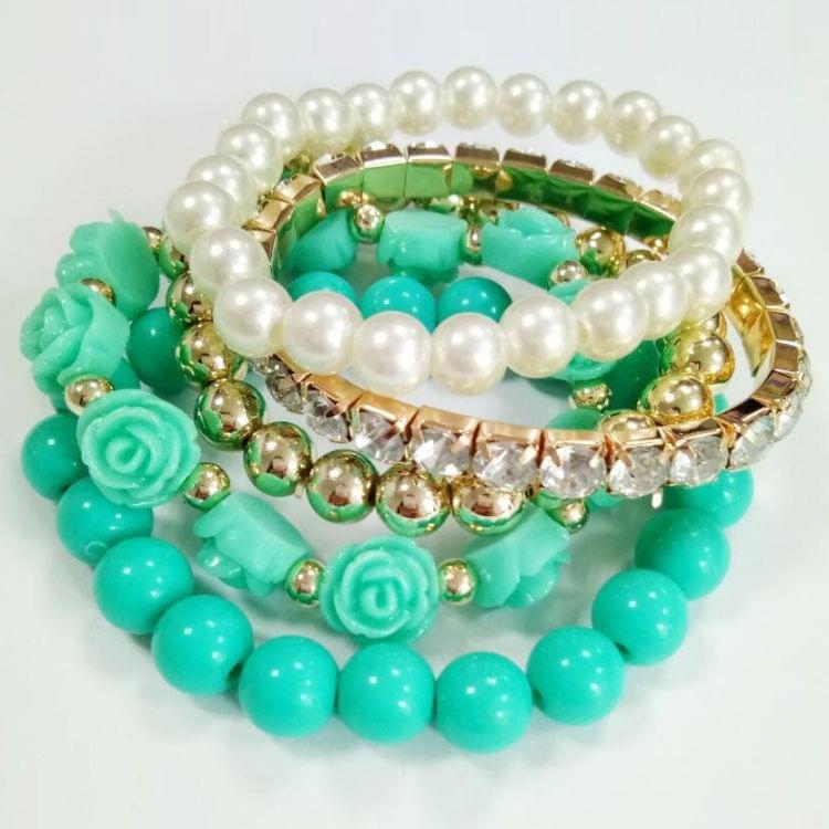 Fashion Candy Color Rose Flower Multi-layer Beads Stretch Charm Bracelet Bangle(Blue)