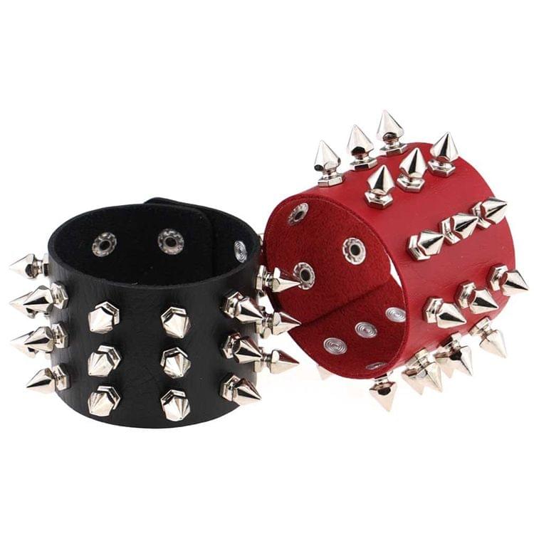 2 PCS European and American Punk Style Fashion Exaggerated Conical Tip 3 Rows Rivets Leather Bracelet, Random Color Delivery