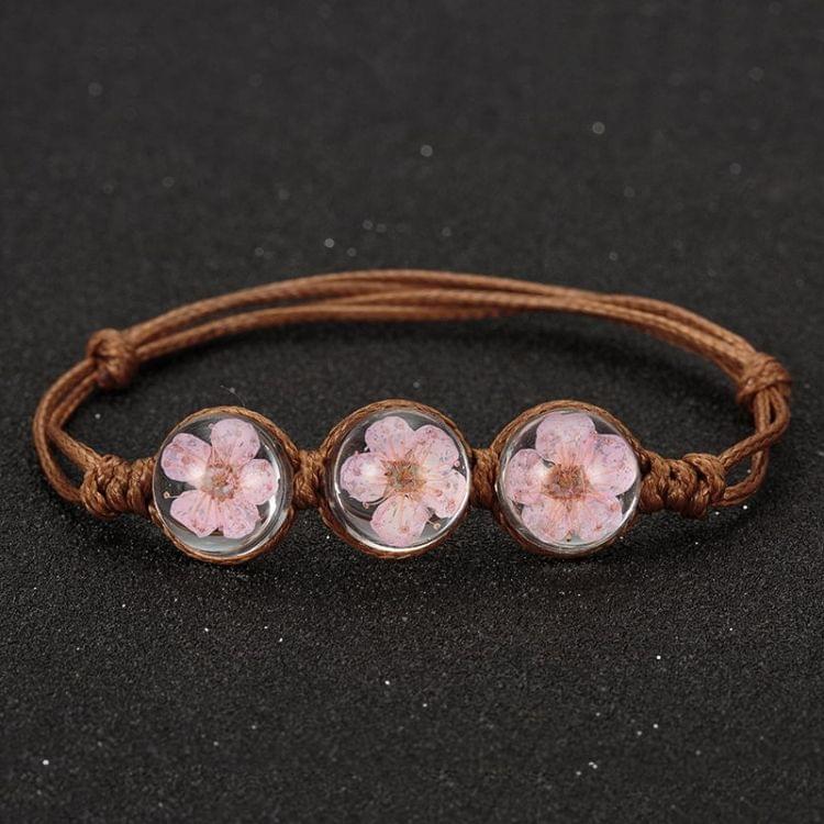 Lucky Handmade Woven Dried Flower Glass Beads Bracelets(Pink)