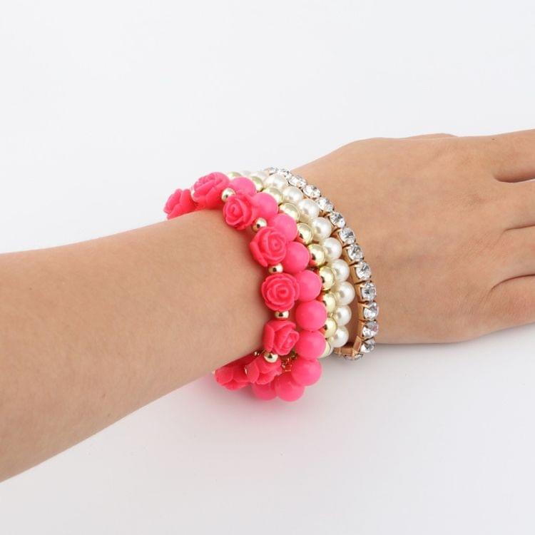 Fashion Candy Color Rose Flower Multi-layer Beads Stretch Charm Bracelet Bangle(Magenta)