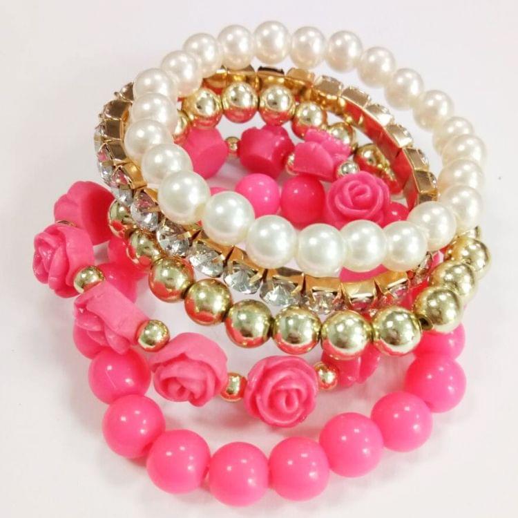 Fashion Candy Color Rose Flower Multi-layer Beads Stretch Charm Bracelet Bangle(Magenta)