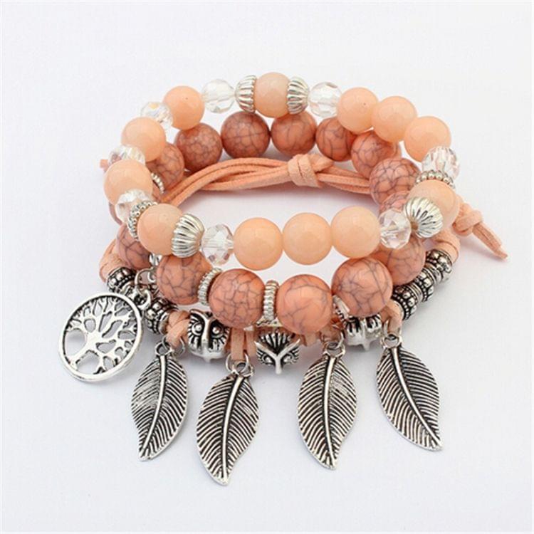 Vintage Ethnic Elasticity Marble Beads Bracelet Boho Leaves Bangle Bracelet(Orange)